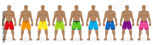 Board shorts. Rainbow colored collection of bermudas for nine men - red, orange, yellow, green, blue, purple, pink. Isolated vector illustration on white background.