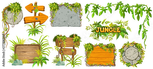 Set cartoon game wooden and stone panels in jungle style with space for text. Isolated gui elements with tropical lianas, rocks and boards. Vector illustration on white background.