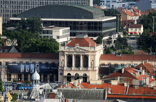 Historic lower town architecture with building of the main railway station of Zagreb, Croatia