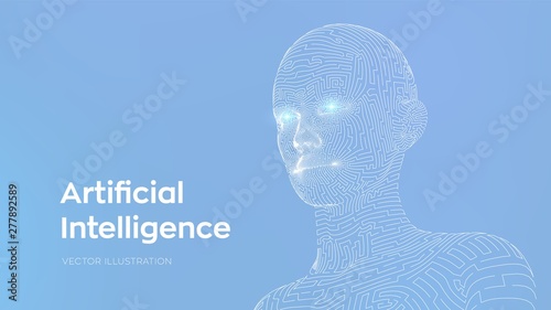 Artifactial intelligence concept. Ai digital brain. Abstract digital human face. Human head in robot computer interpretation. Robotics concept. Wireframe head concept. Vector illustration.