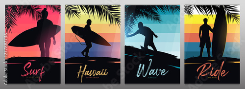 Set banners of Surfers with surfboards on colorful gradient background with palm leaves.