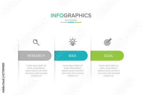 Concept of arrow business model with 3 successive steps. Three colorful rectangular elements. Timeline design for brochure, presentation. Infographic design layout.