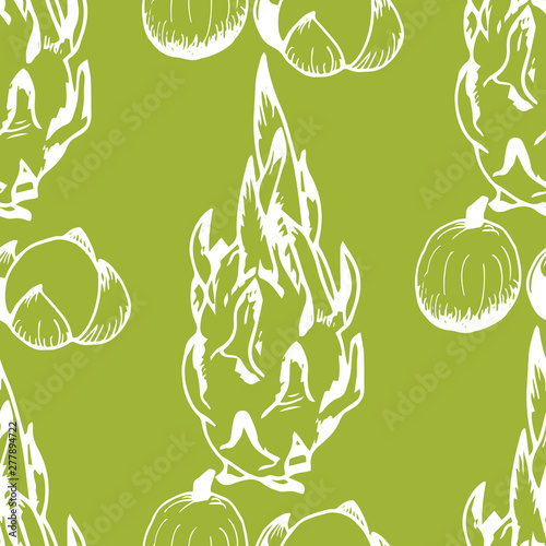 longan, pitahaya tropical fruits seamless pattern