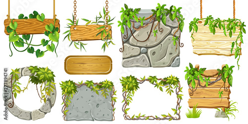 Set cartoon game wooden and stone panels in jungle style with space for text. Isolated gui elements with tropical lianas, rocks and boards. Vector illustration on white background. © valadzionakvolha