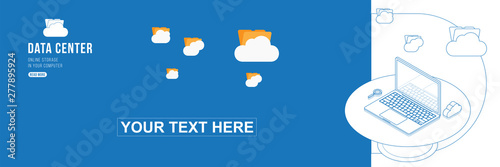 Outline drawing Data Center Isometric concept with online file storage, clouds and laptop. Flat 3d illustration EPS10