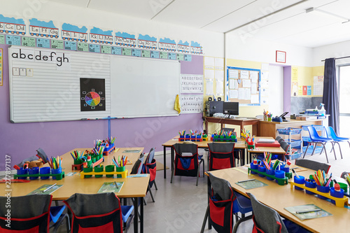 Photos Empty Classroom In Elementary School With Whiteboard And Desks