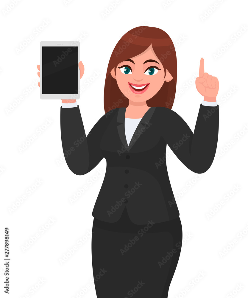 Business woman showing or holding a brand new digital tablet computer and gesturing or pointing index finger up. Female character design illustration. Modern lifestyle, technology device, gadget. Business woman showing or holding a brand new digital tablet computer and gesturing or pointing index finger up. Female character design illustration. Modern lifestyle, technology device, gadget.