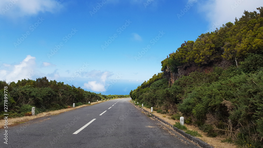 Road in the heights of mountains and cliffs, Pico Ruivo. Highest point of the island of Madeira