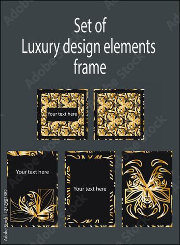 Set of gold black decorative luxury design elements. Labels and frames. Art deco.