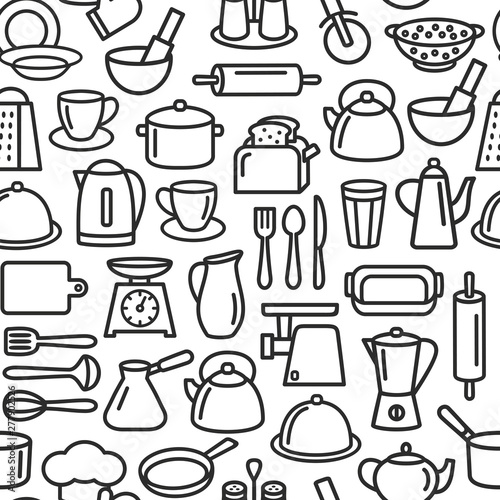 Kitchen tools pattern  cooking set of kitchenware line icons background