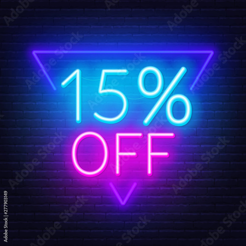 15 percent off neon lettering. Vector illustration
