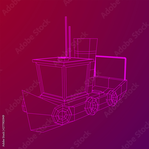 Fishing boat. Commercial fishing trawler for industrial seafood production. Vintage marine ship, sea or ocean transportation concept. Wireframe low poly mesh vector illustration