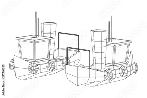 Fishing boat. Commercial fishing trawler for industrial seafood production. Vintage marine ship, sea or ocean transportation concept. Wireframe low poly mesh vector illustration