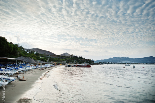 Empty beach in Bodrum, Turkey. Blue sky, white sand, a dream holiday place to relax, snorkel and rest.
