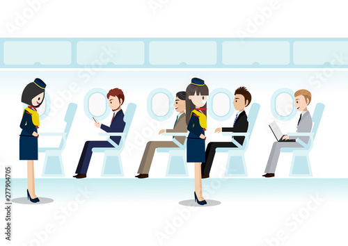 Cartoon character with beautiful air hostess on business class room jet passenger and the seat flight, aircraft seats line in cabin. Flat icon style vector.