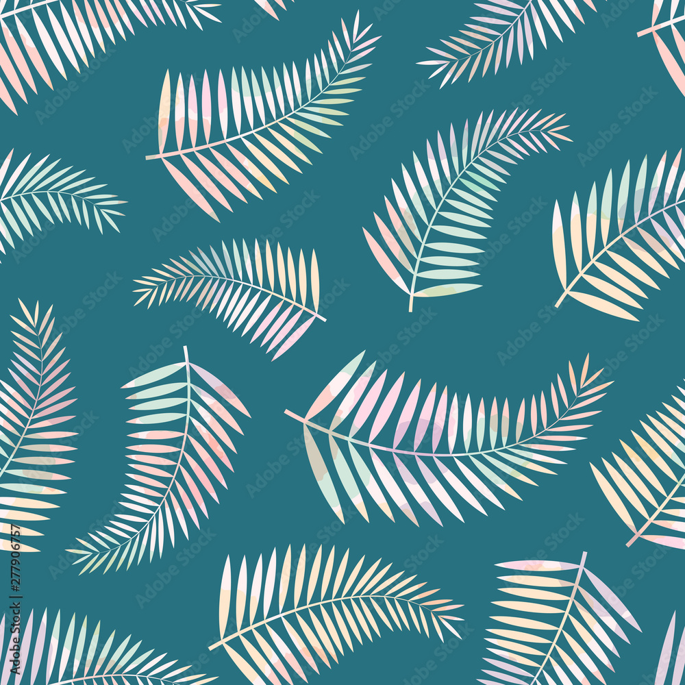 Seamless pattern with multicolored tropical leaves of palm on green background.  For wallpapers, decoration, invitation, fabric, textile and print, web page background, gift and wrapping paper.