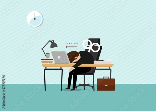Burn out syndrome concept illustration with exhausted male office worker sitting at the table. Frustrated worker, mental health problems. Vector illustration in flat style.