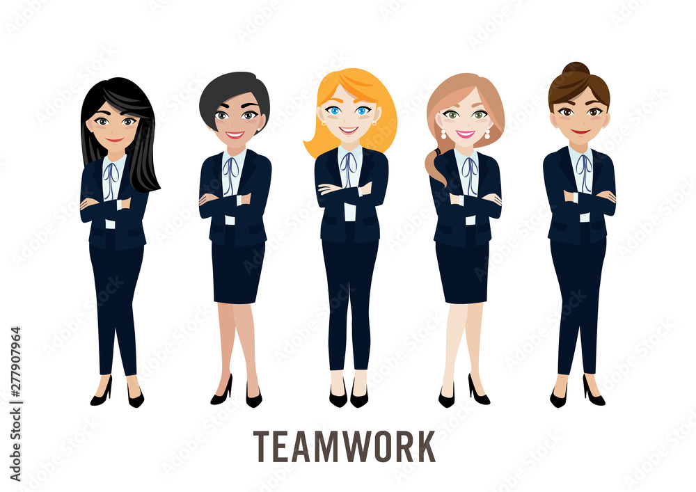 Cartoon character with businesswoman, teamwork concept design. Flat vector illustration.