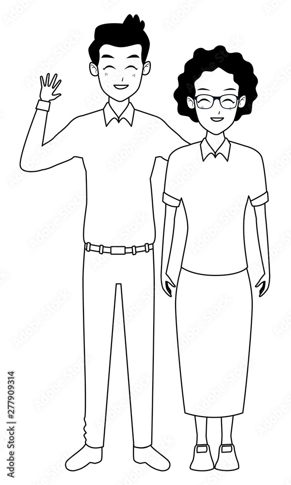 Family grandmother with adult son cartoon in black and white Family grandmother with adult son cartoon in black and white