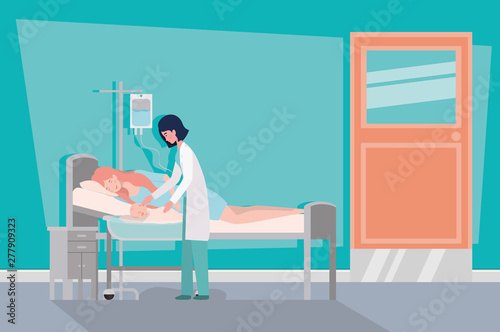 cute mother with newborn baby and doctor in hospital room