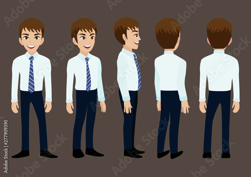 Cartoon character with business man in suit for animation. Front, side, back, 3-4 view character. Set of male head and flat vector illustration.