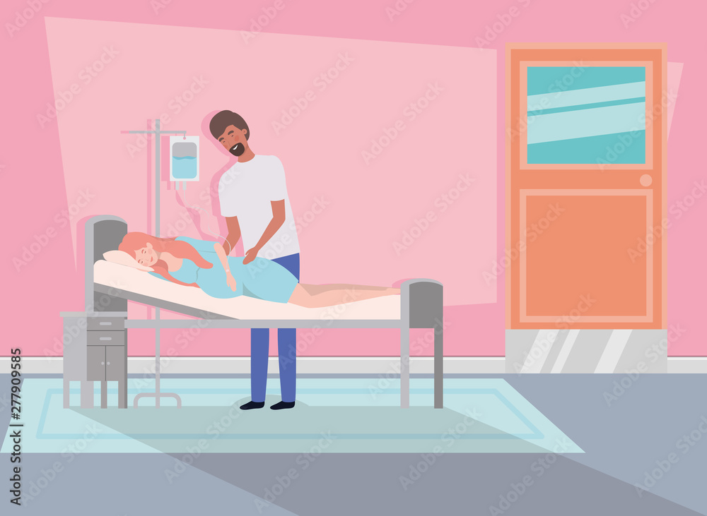 man with pregnancy woman in hospital room man with pregnancy woman in hospital room