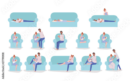 parents taking care of newborn baby set in couch