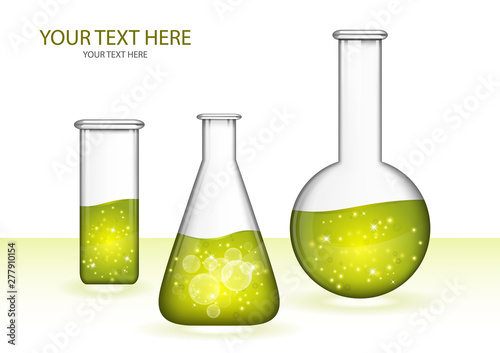 Abstract transparent glass flasks with liquid isolated on white background. Chemical and biological experiments.