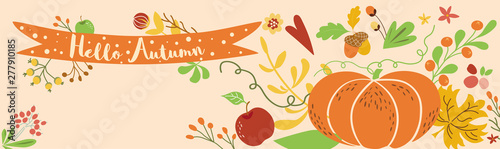 Autumn border horizontal decorated pumpkin fall flowers leaves Autumn banner Ribbon Hello Autumn vector