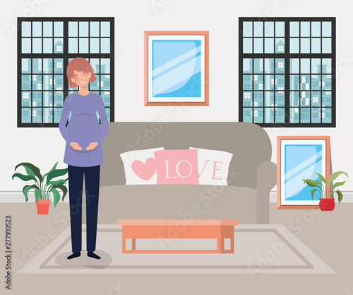 beautiful woman pregnancy in the livingroom scene