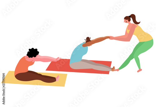 Female group yoga classes with an instructor. Vector editable file eps 10