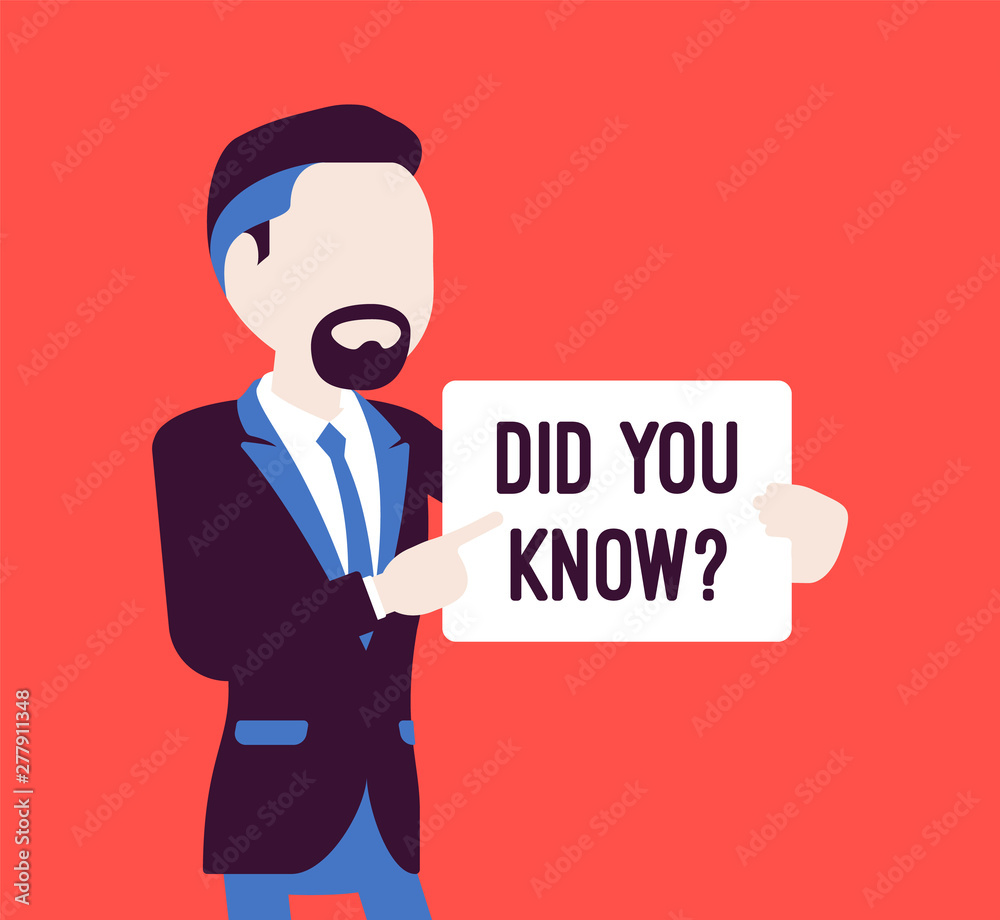 Did you know male announcement. Guy holding sign to click for useful information, tutorial help banner, man health assistance. Promotion, advertising service. Vector illustration, faceless character