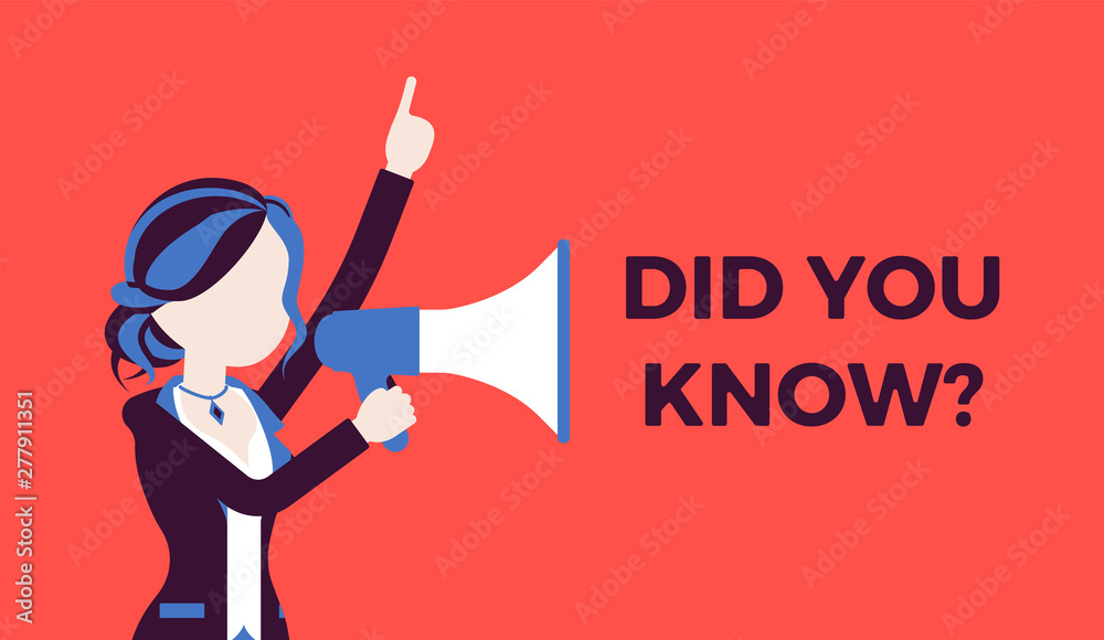 Did you know megaphone announcement. Woman holding loud speaker explain