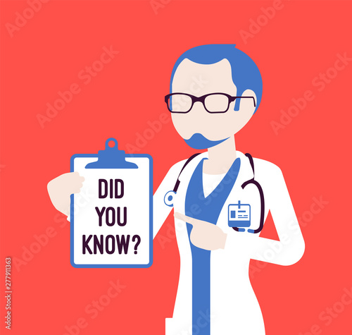 Did you know male doctor announcement. Professional medical consultation for men, popular healthcare fact explanation link. Promotion, advertising information. Vector illustration, faceless character