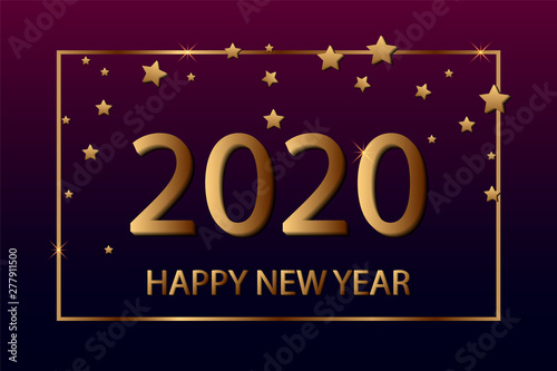 2020 Happy New Year text for greeting card, with gold glitter stars. Vector illustration.