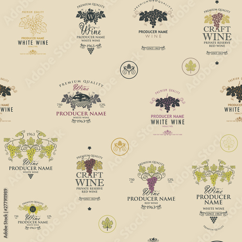 seamless pattern on the theme of wine with various wine labels with images of grapes, landscapes, winery and other in retro style