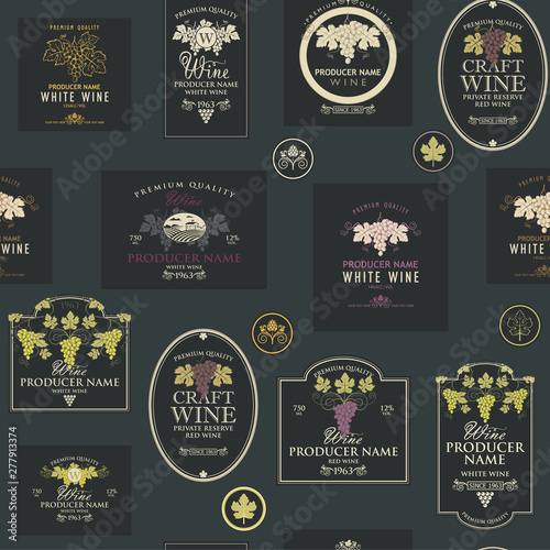 seamless pattern on the theme of wine with various wine labels with images of grapes, landscapes, winery and other in retro style