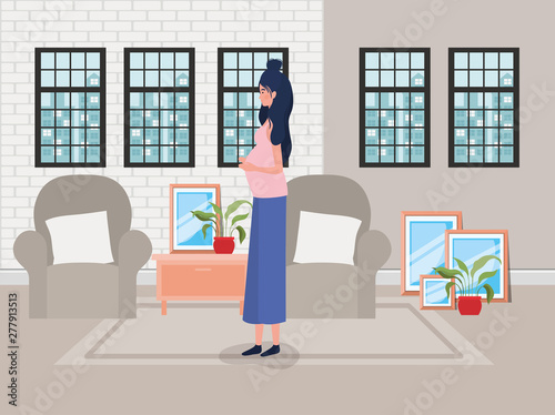 beautiful woman pregnancy in the livingroom scene
