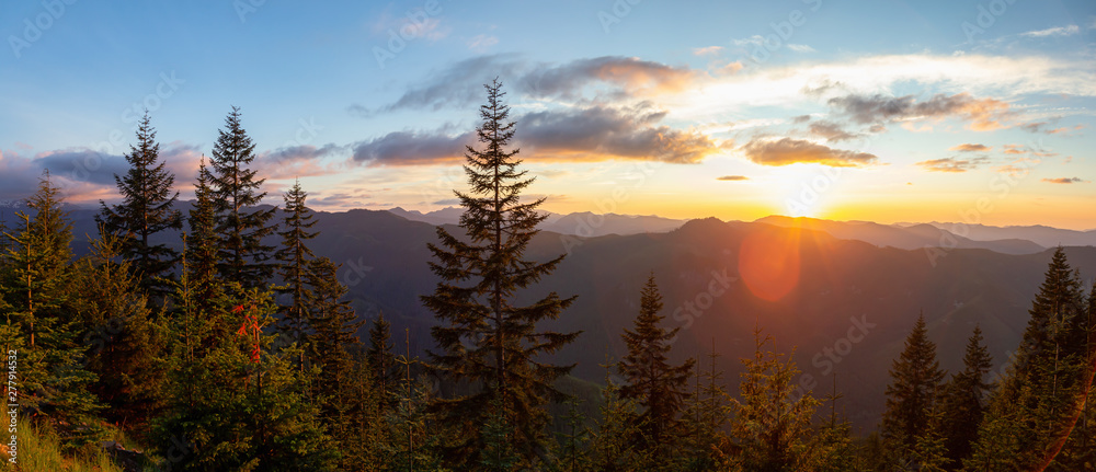 Beautiful Panoramic View of American Mountain Landscape during a vibrant and colorful summer sunset. Taken from Sun Top Lookout, in Mt Rainier National Park, South of Seattle, Washington, USA.