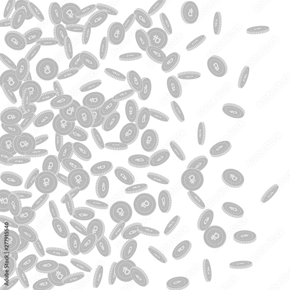 Russian ruble coins falling. Scattered black and w Russian ruble coins falling. Scattered black and w