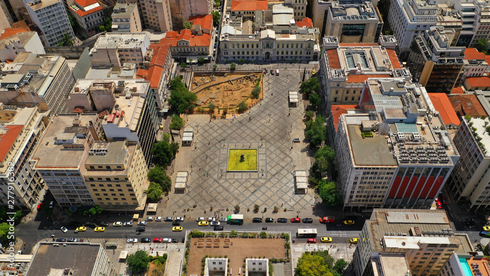 Aerial drone photo of famous square of Kotzia featuring archaeological site and City Hall in the heart of Athens centre, Attica, Greece