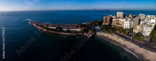 Aerial view of the military fort and bunker with the defence canons at the end of Copacabana beach in Rio de Janeiro