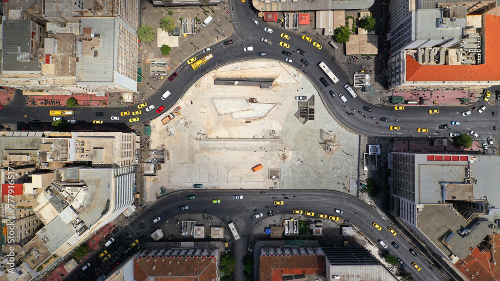Aerial top view photo of famous square of Omonia in the heart of Athens centre, Attica, Greece