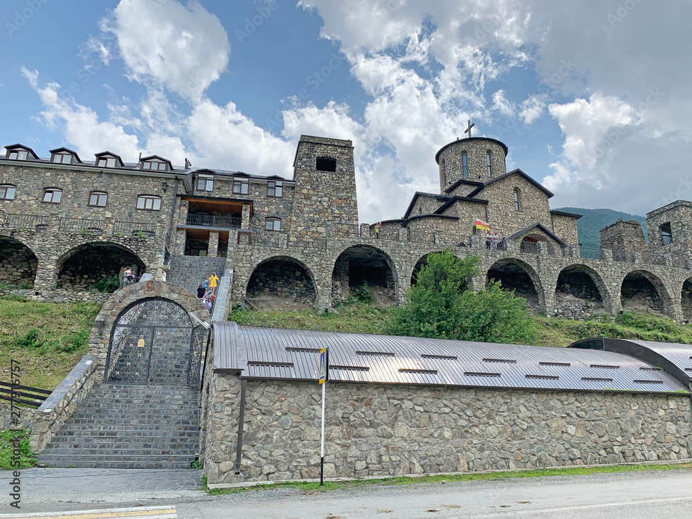Fototapeta premium Fiagdon, Russia, North Ossetia. Ossetian Christian orthodox temple in Fiagdon Alan dormition monastery, Cathedral of the Iberian (Mozdok) icon of the mother of God