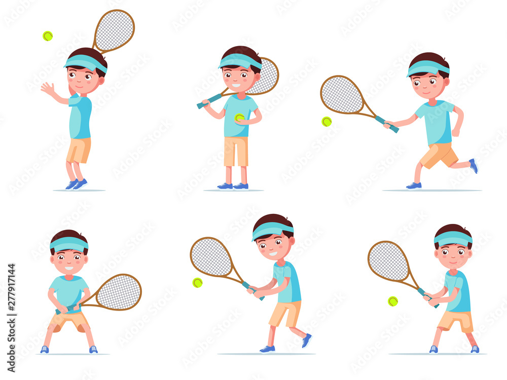 Set boy tennis player playing with racket and ball