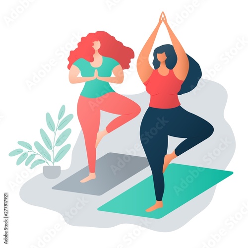 Body positive concept. Multinational friendship. two attractive plus size girls friends doing yoga together. Yoga wellness concept. Beautiful overweight women. For Fat acceptance movement no fatphobia