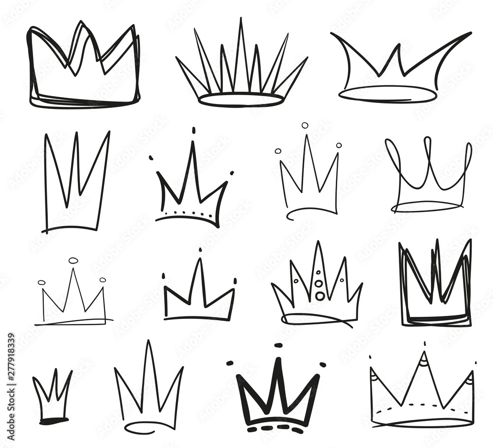 Fototapeta premium Monochrome crowns on isolated white. Hand drawn simple objects. Line art. Black and white illustration