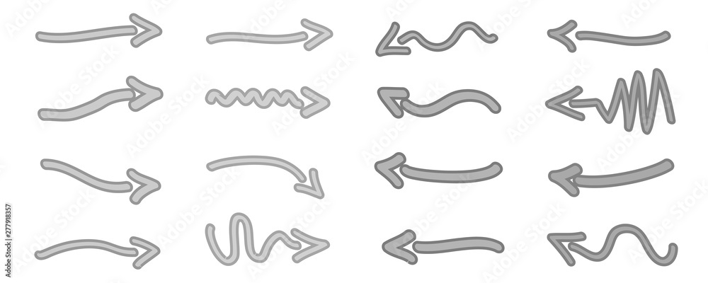 Infographic elements on isolated white background. Hand drawn simple arrows. Line art. Set of different pointers. Abstract indicators. Black and white illustration. Doodles for artwork