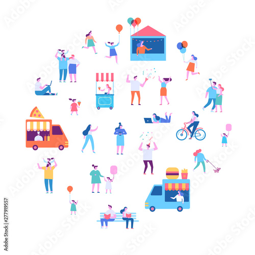Summer food festival. Food street fair  family festival. People walking  riding bicycle  eating street food  have fun together. Flat vector poster and banner colorful design.