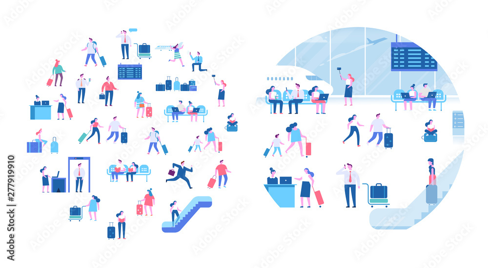 People sitting and walking in airport terminal. Infographics elements, banner or poster design arranged in circle shape. Business travel concept, travelling, vactaion. Flat vector illustration.